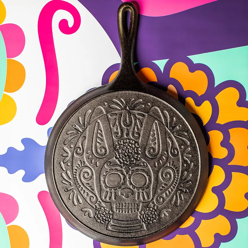 10.5 Inch Seasoned Cast Iron Xolo Sugar Skull Griddle