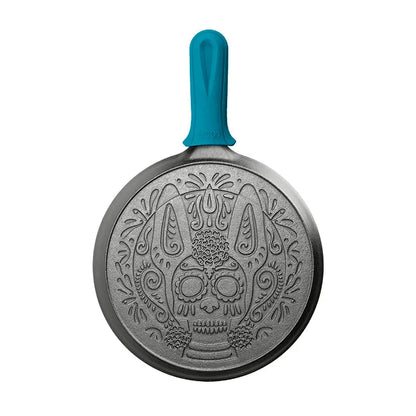 10.5 Inch Seasoned Cast Iron Xolo Sugar Skull Griddle with Deluxe Handle Holder